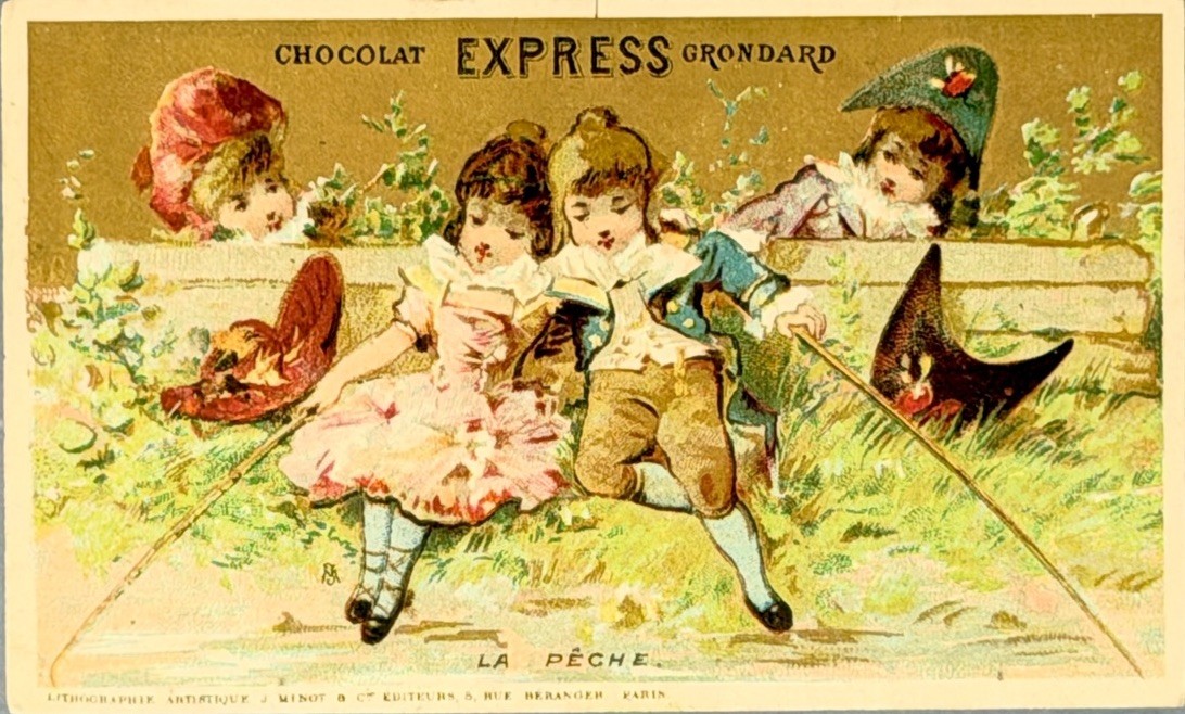 Antique Chocolat Express Grondard Trade Card La Peche French Chromolithograph