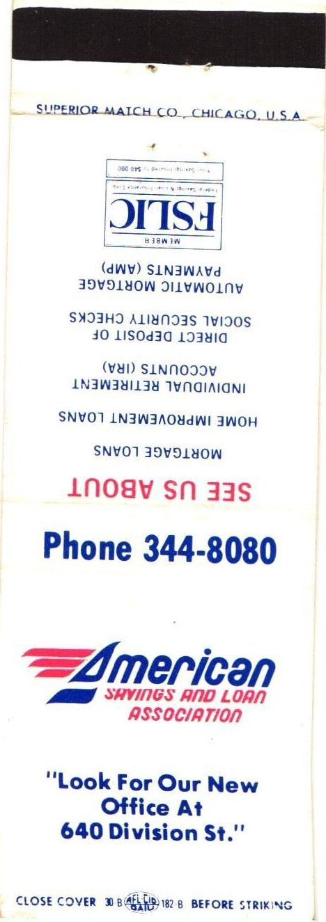 American Savings and Loan Association Vintage Matchbook Cover 1970s