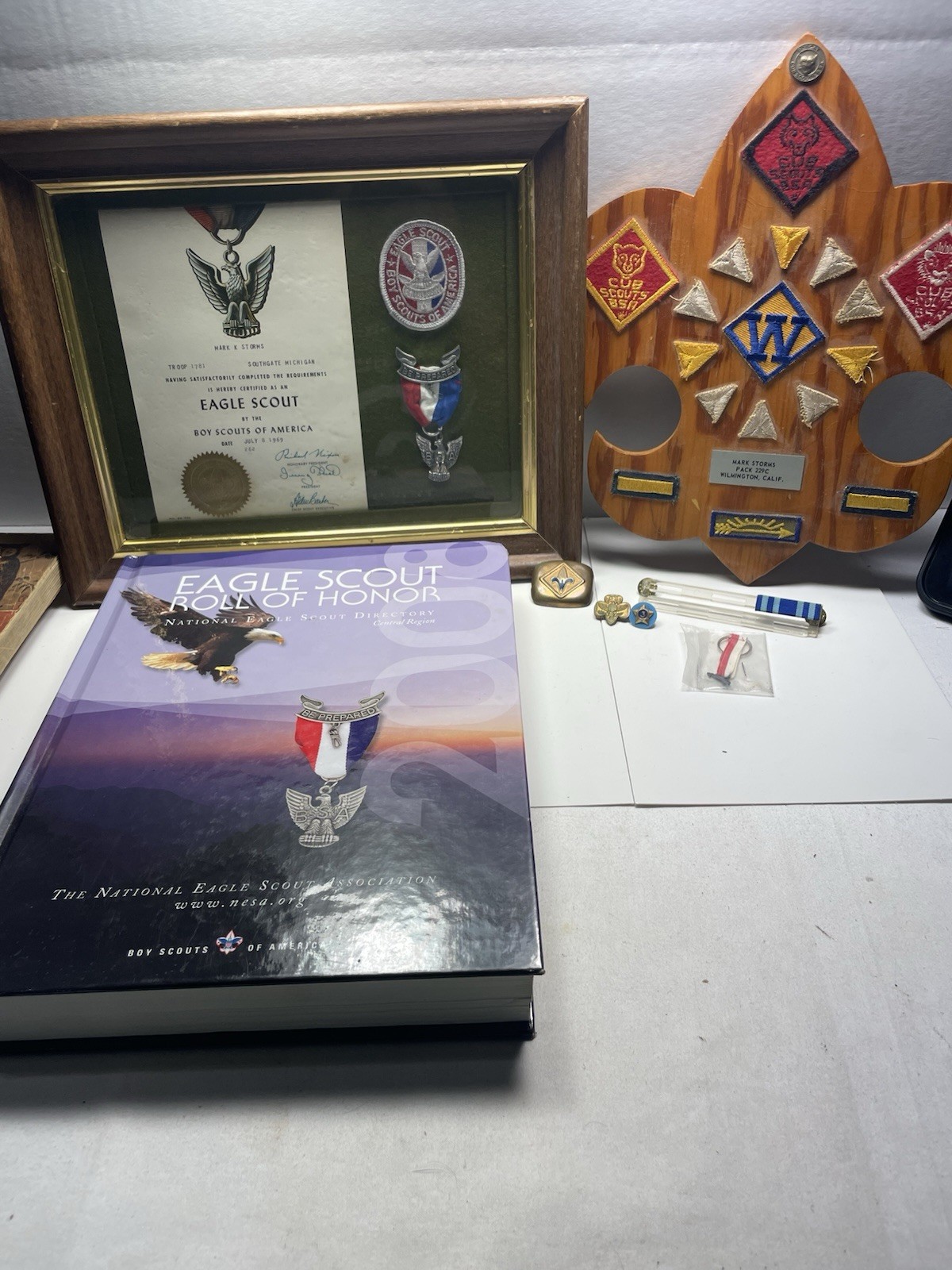 Vintage 1969 Eagle Scout BSA Collection Medal Certificate Patches Pins Mrk Storm