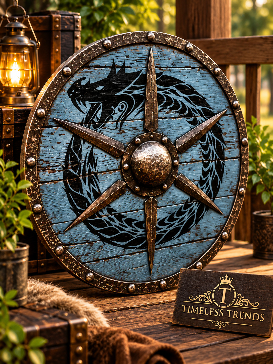 Viking Round Shield Wooden Battle Ready Blue Dragon Serpent Steel Boss Decor Viking Round Shield Wooden Battle Ready Blue Dragon Serpent Steel Boss Decor