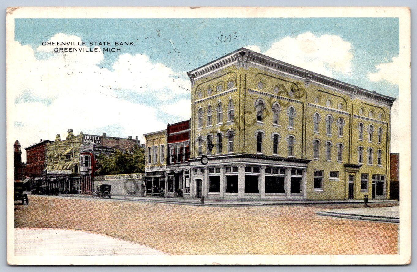 K51/ Greenville Michigan Postcard c1910 State Bank Building Stores 296