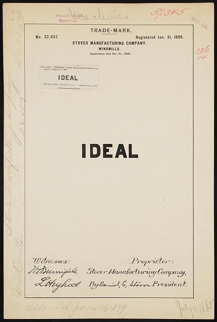 Stover Manufacturing Company Ideal Windmills 1899 Trademark Patent Print