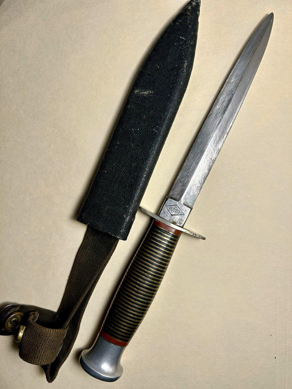 Vintage Rosco Mid-Century Fixed Blade Knife Stacked Leather Commando Style
