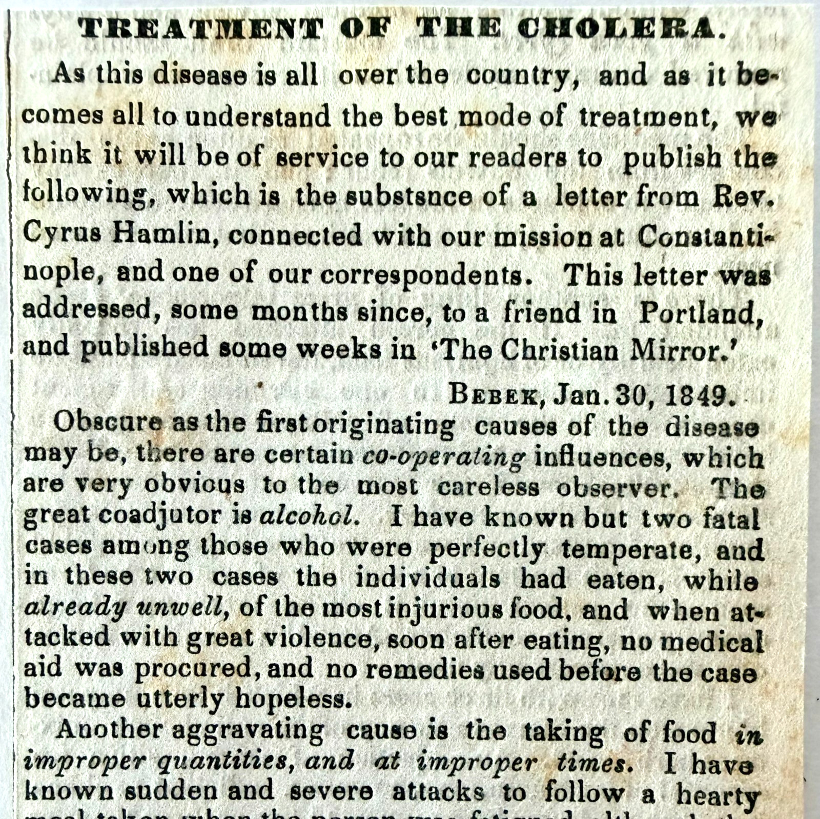 1849 Cholera Treatment Constantinople Medical Historical Article Cyrus Hamlin