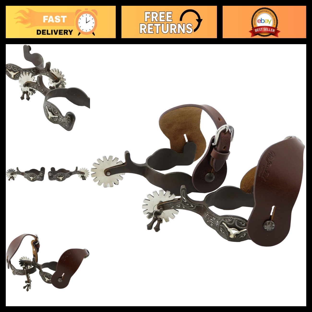 Men's Western Antique Spurs with Engraved Silver Trims & Spur Straps - Durable &