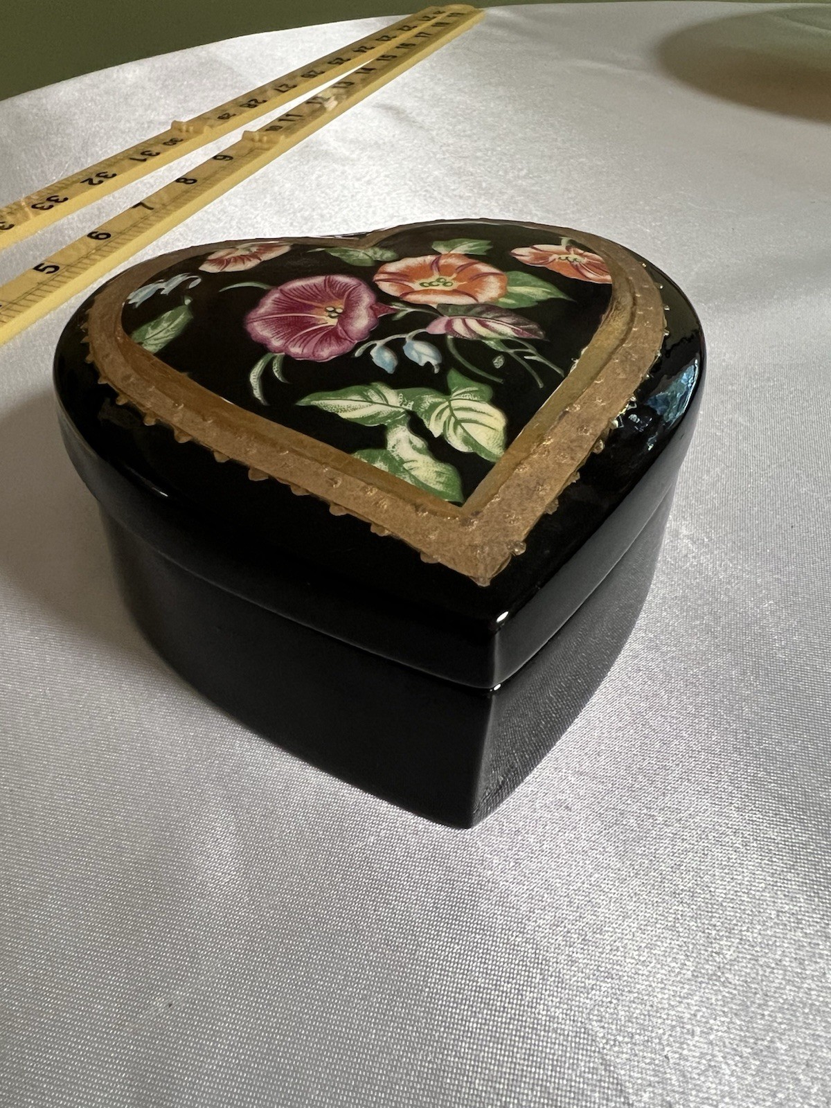 Vintage 79 Hand Painted Heart Ceramic Trinket Box Black Pink Floral Signed FM79