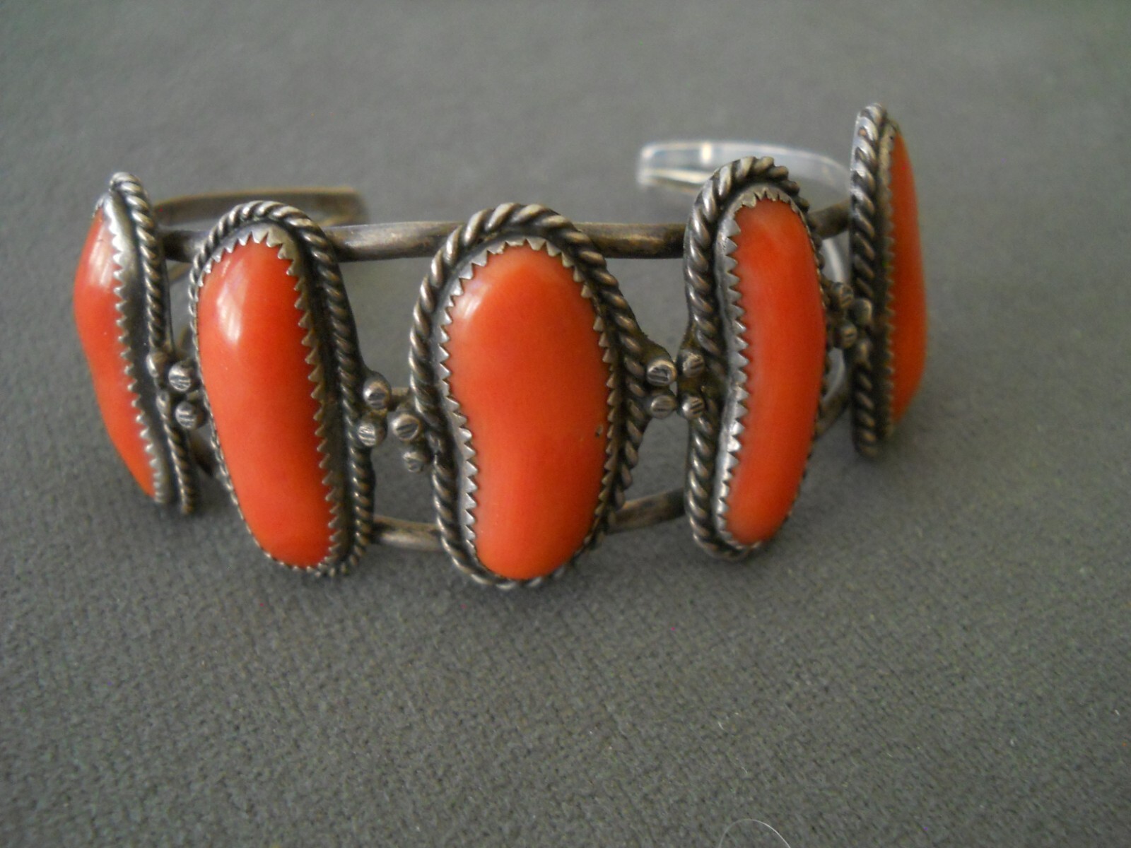 Native American Navajo Orange-Peach Color Branch Coral Row Sterl Silver Bracelet