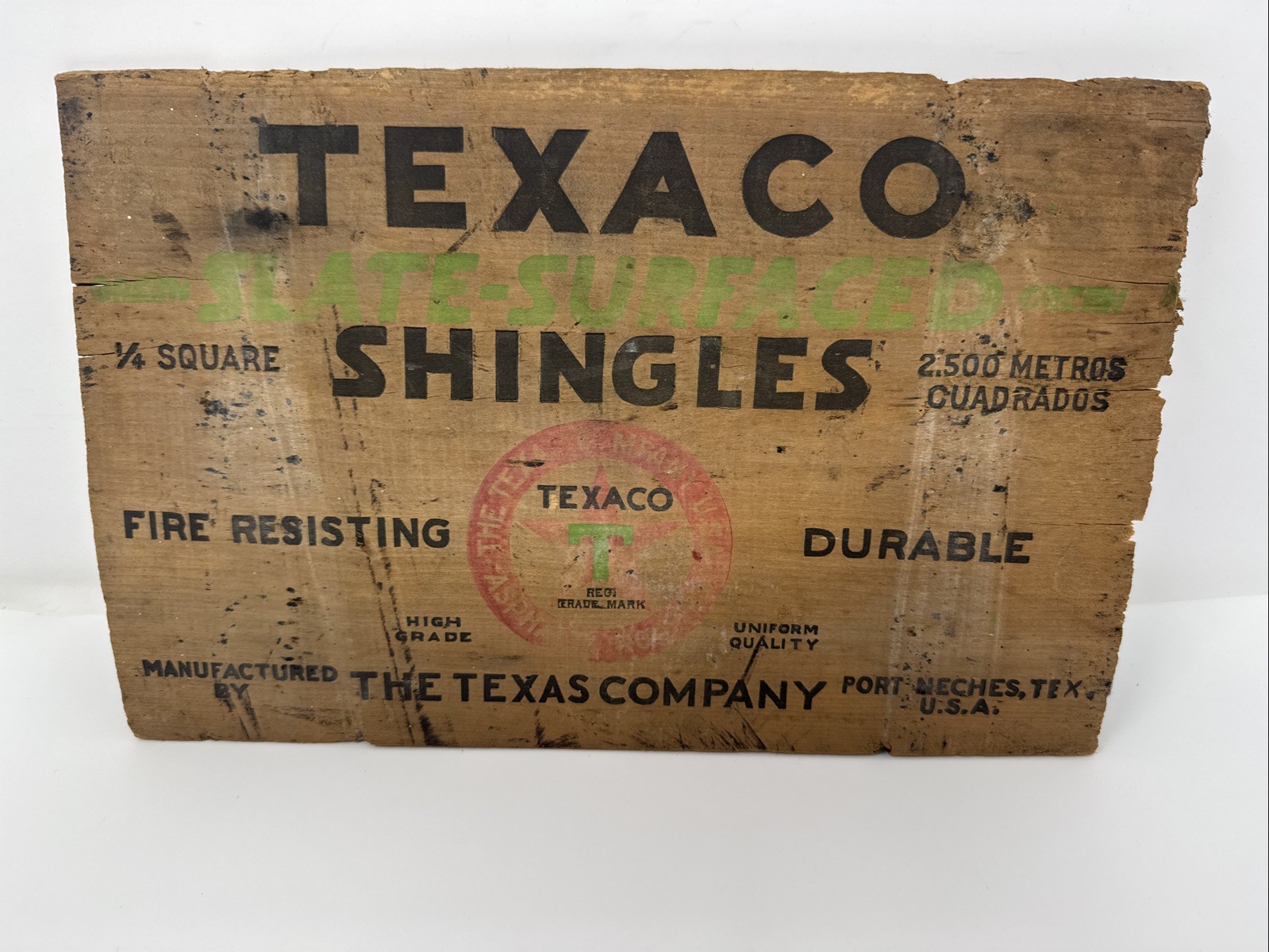 VINTAGE ORIGINAL TEXACO ROOF SHINGLES SIGN TEXACO CO. PORT NECHES, TEXAS wood