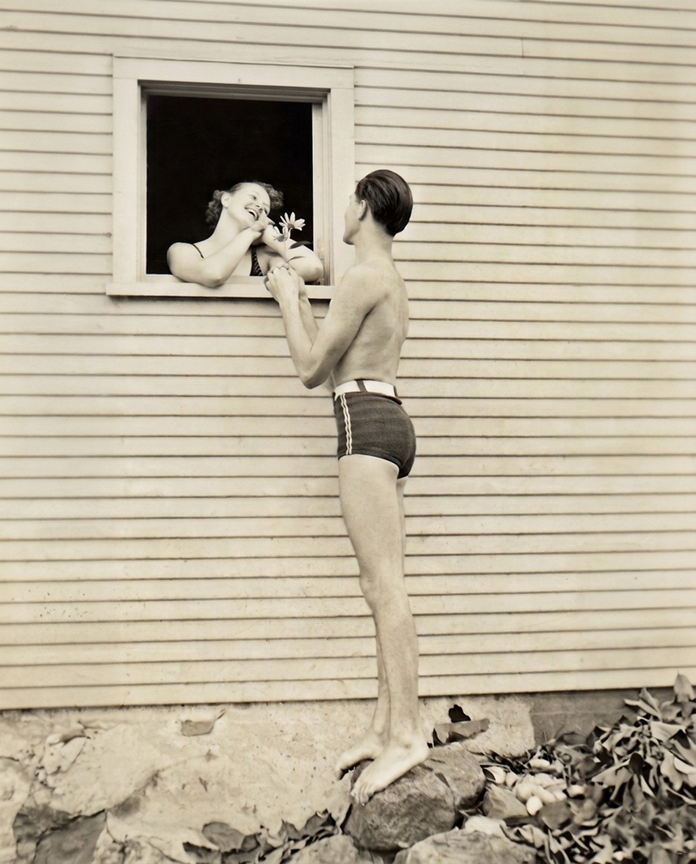 1930s Young Love at the Window Sweethearts Matte Photo Reprint 8\