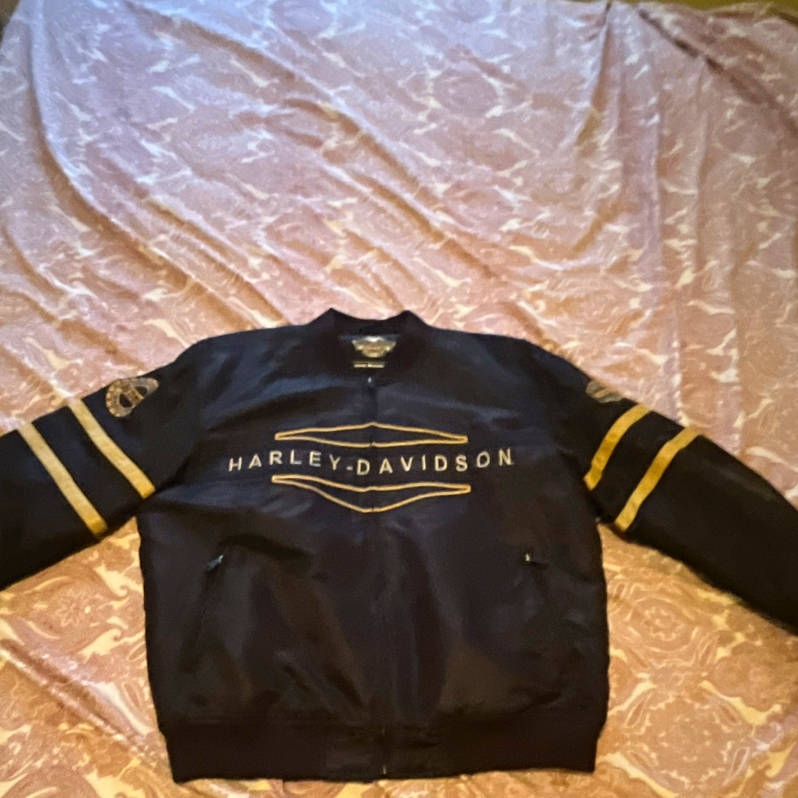 Harley-Davidson Genuine MotorClothes Black Jacket Gold Stripes Embroidered Logos
