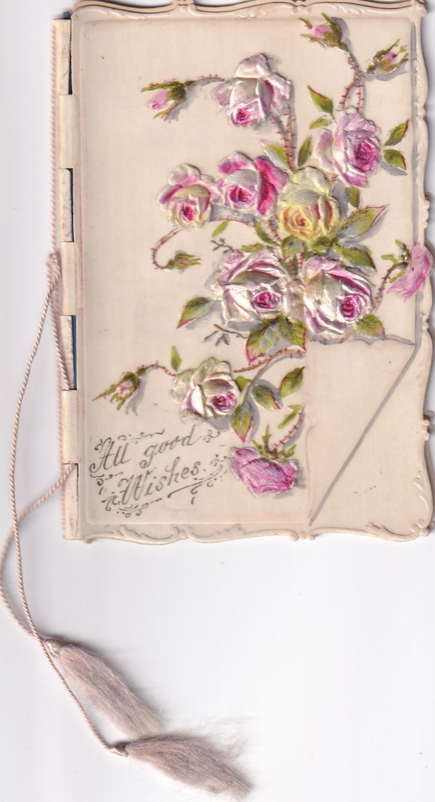 Celluloid, wood hinged card, pink roses, tassel, Christmas card, Tuck circa 1900