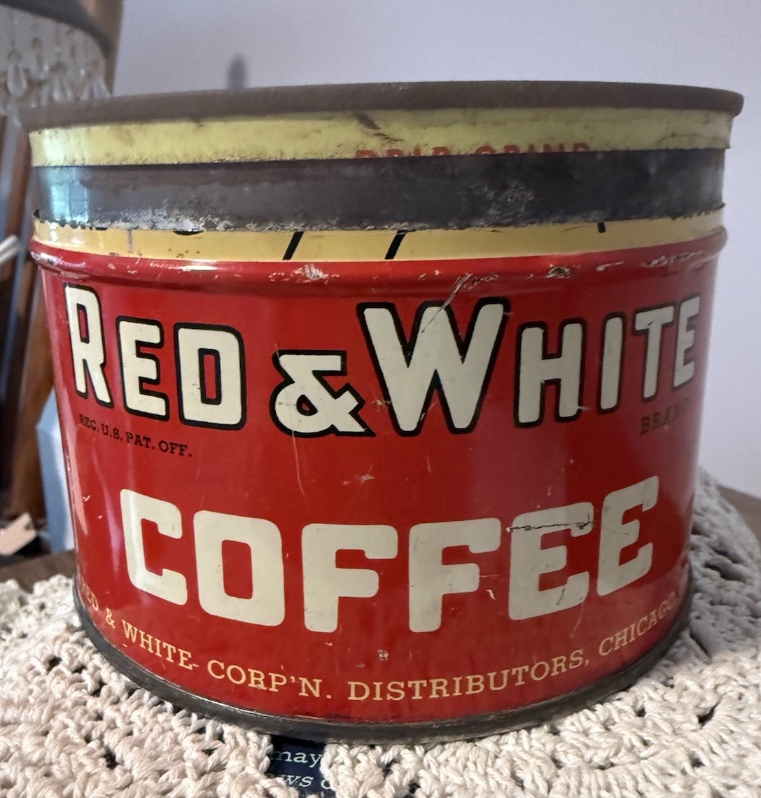 VINTAGE  RED & WHITE #1 KEYWIND COFFEE TIN COOL GRAPHICS