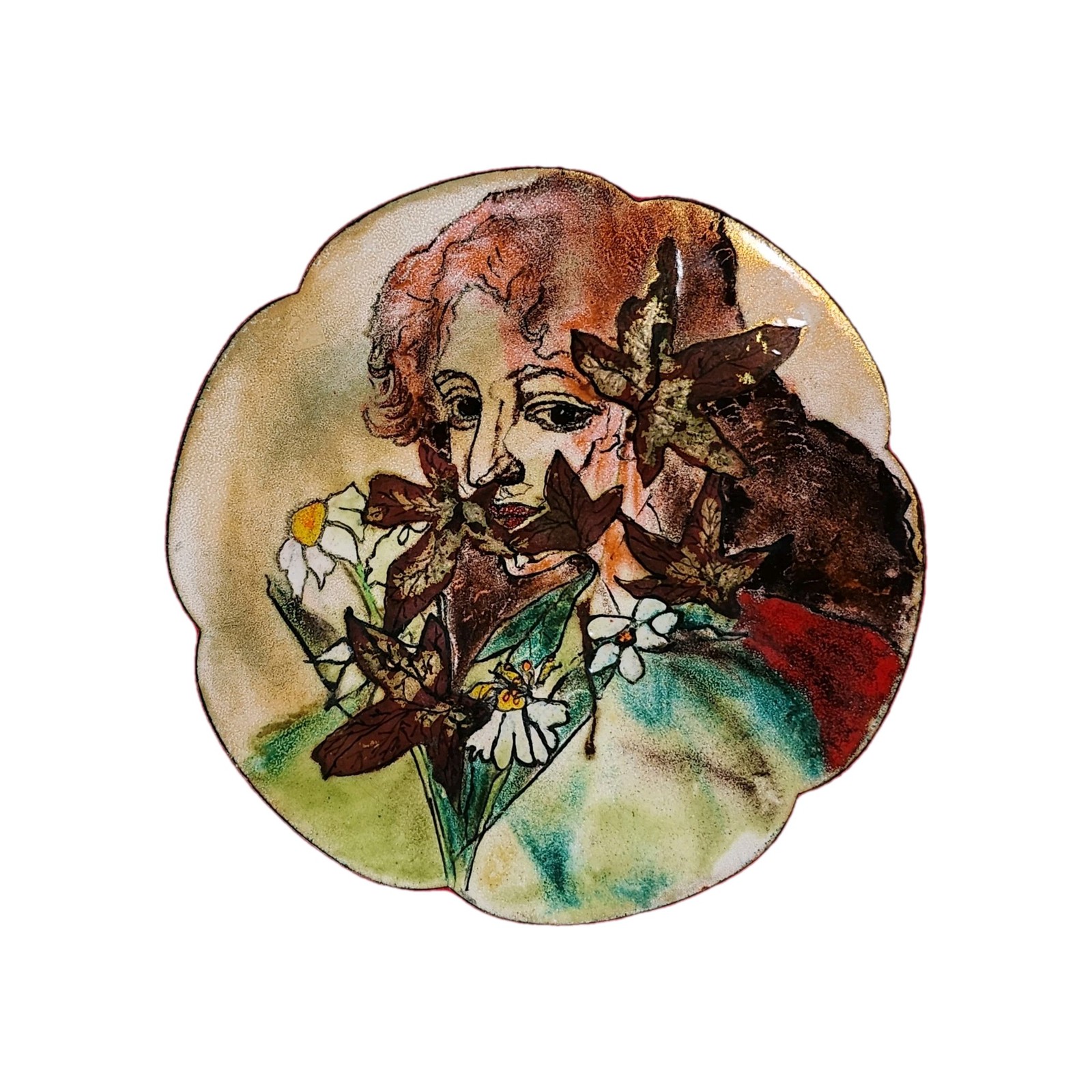 Vintage Hand Painted Art Nouveau Style Lady & Flower Enamel on Copper Plate MCM