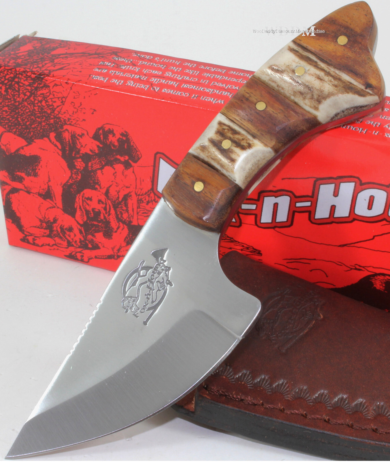 Fox-N-Hound Brown Wood Stag Bone Drop Point Fixed Blade Skinner Hunting Knife