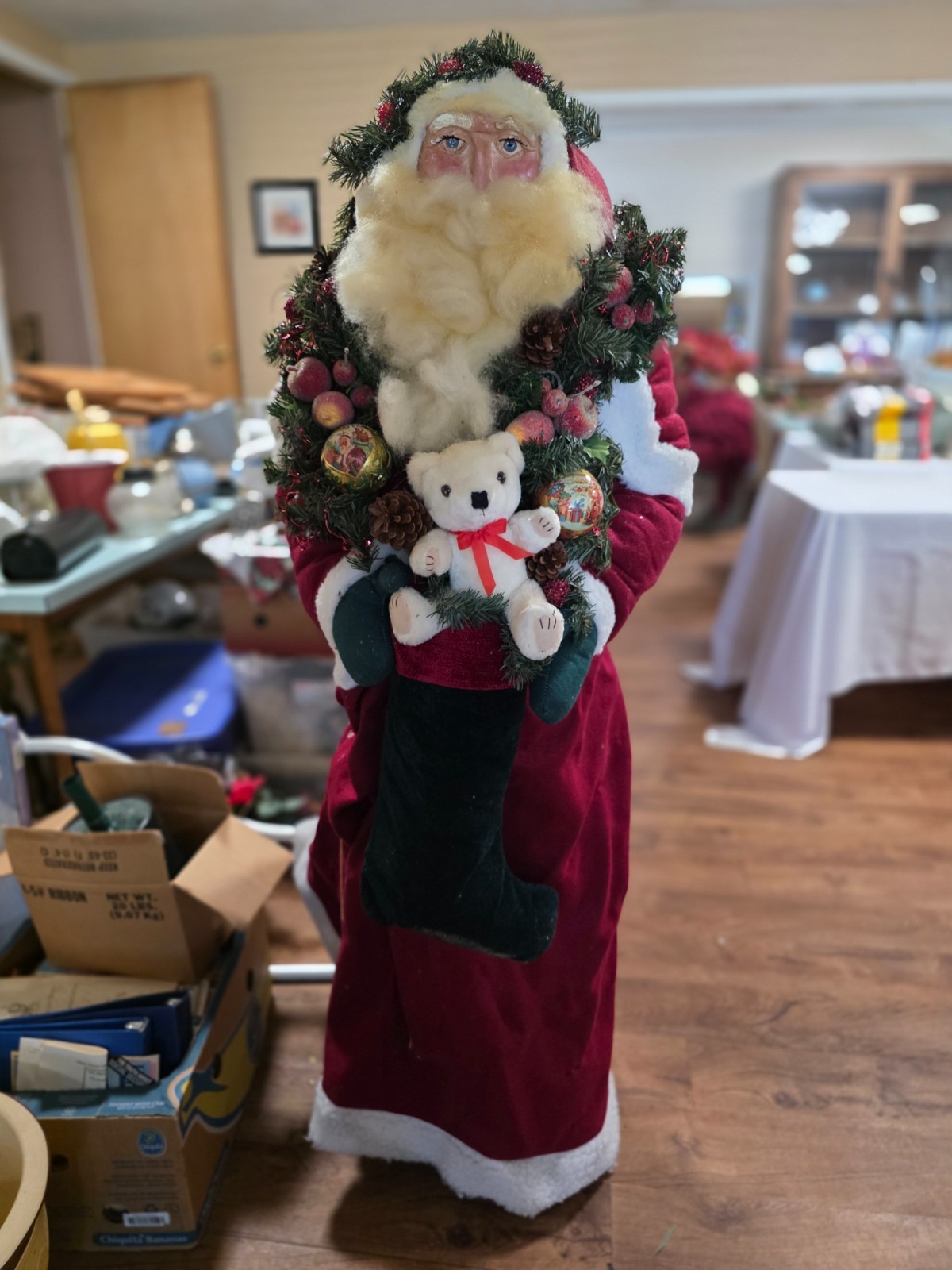  Large Decorative Santa Claus Figure with Wreath and Teddy Bear