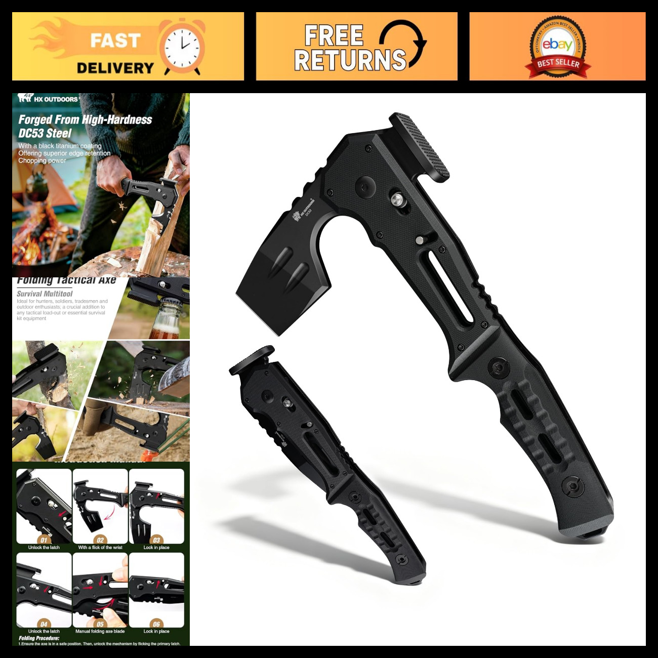 Compact Folding Hatchet Axe with Hammer & Bottle Opener - Outdoor Camping Tool