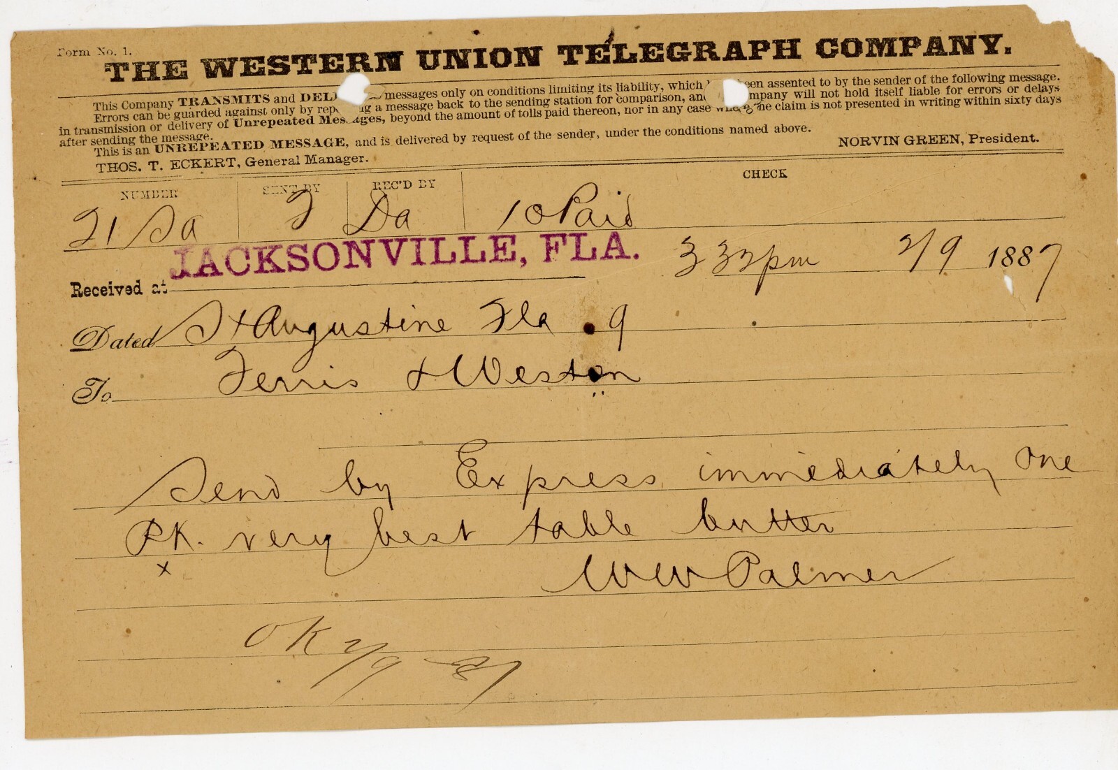 1887 Western Union Telegram St. Augustine FL to Jacksonville Signed WW PALMER