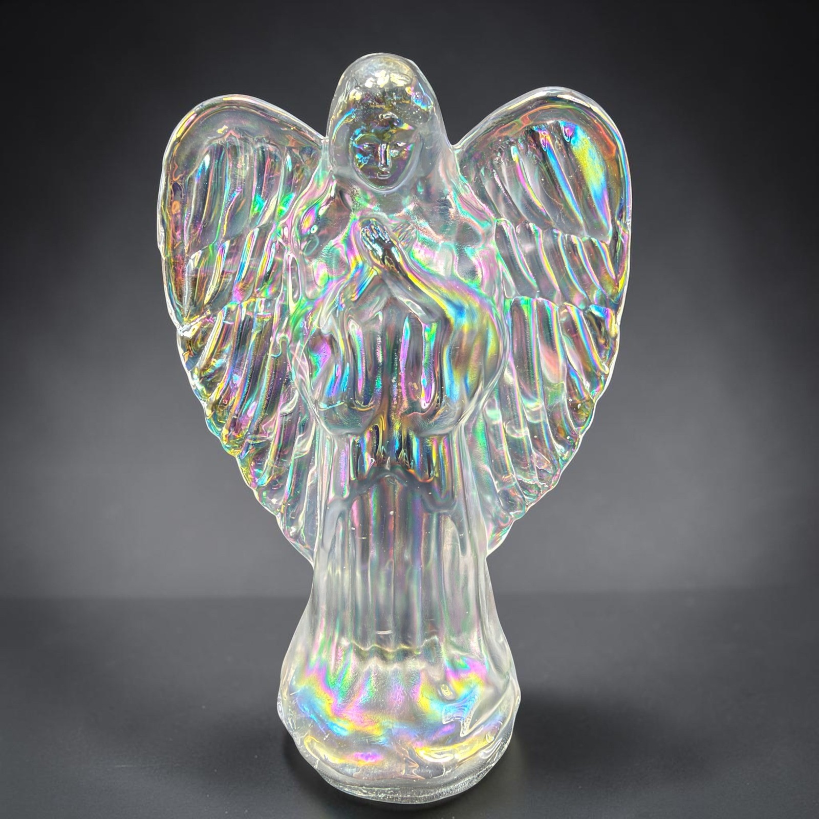 Silvestri Iridescent Glass Angel Figurine Handcrafted Praying 7 Inch Rainbow