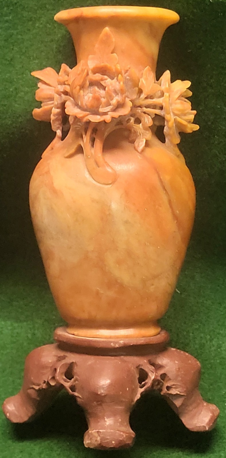 Antique Hand-Carved Feng Shui Dynasty Soapstone Floral Peoney Vase Carved Stand