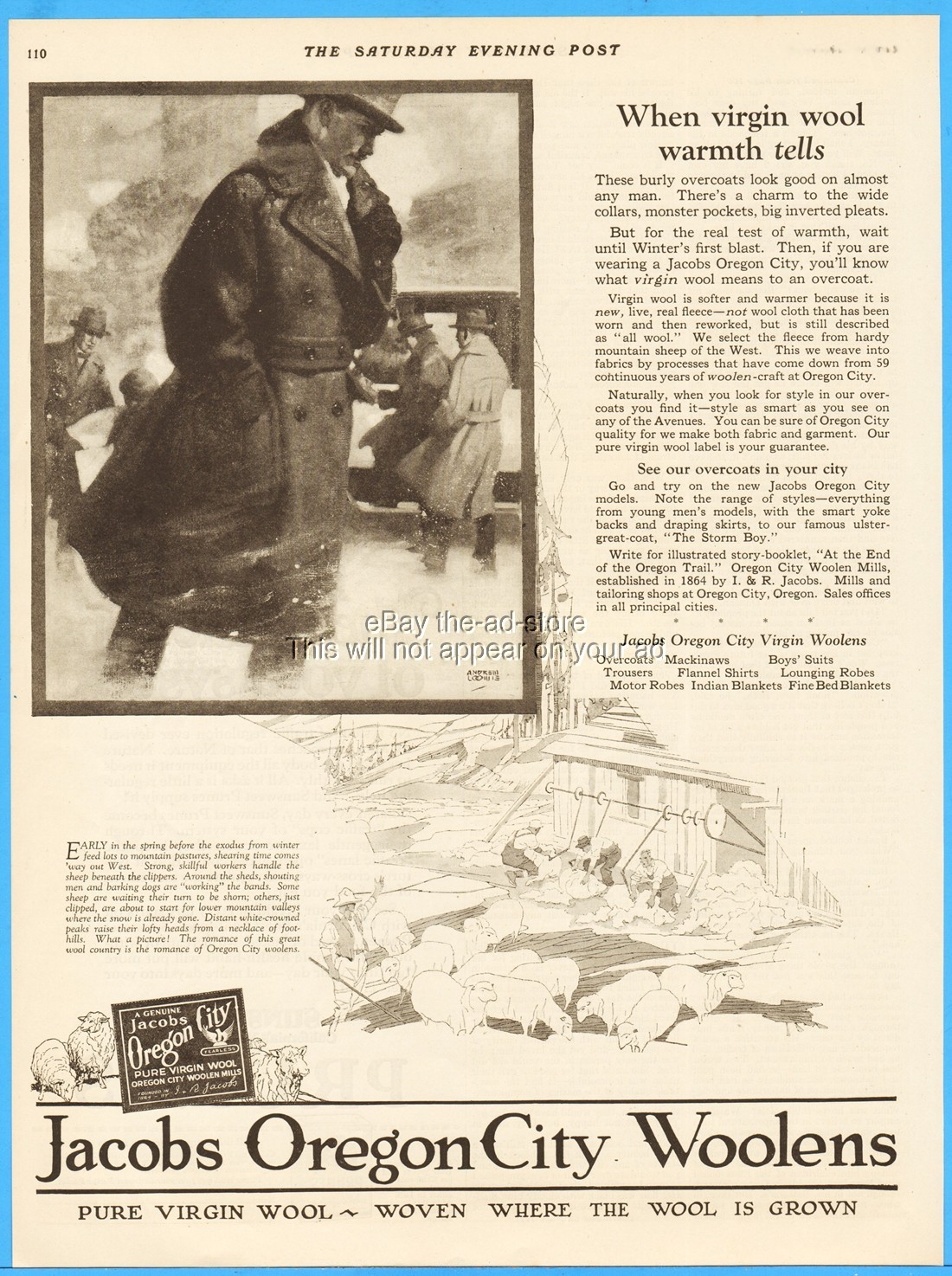1923 Jacobs Oregon City Woolen Mills OR Men's Wool Overcoat 1920's Clothing Ad