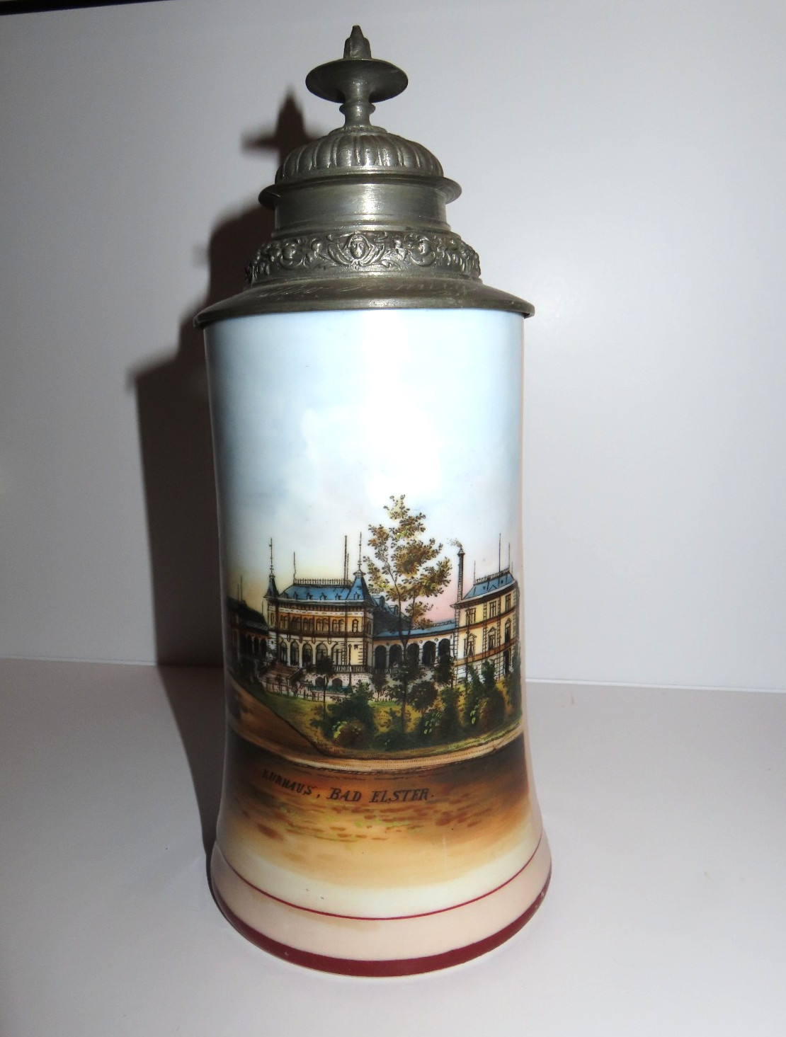 Antique German Lidded Beer Stein~Souvenir Kurhaus Bad Elster Spa~Lithopane