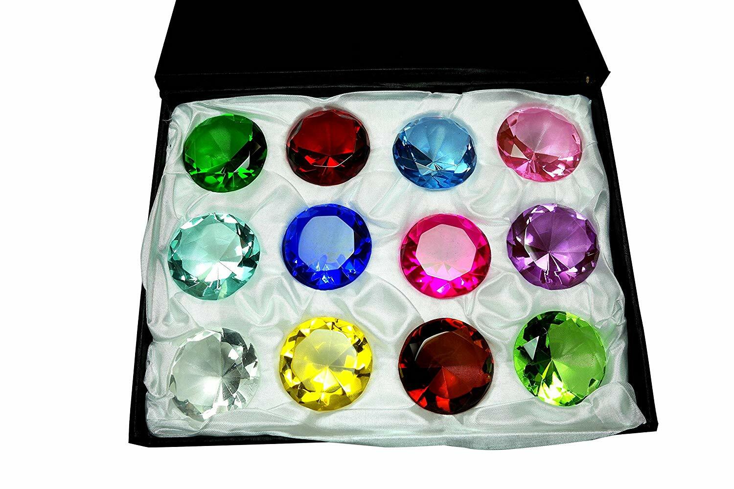 Tripact 40 mm Round Diamond Shaped Jewel Crystal Paperweight - 12 Piece Box Set