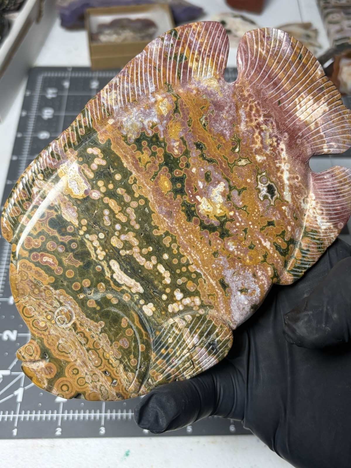 Gorgeous Ocean Jasper Fish Carving Colorful Orbs