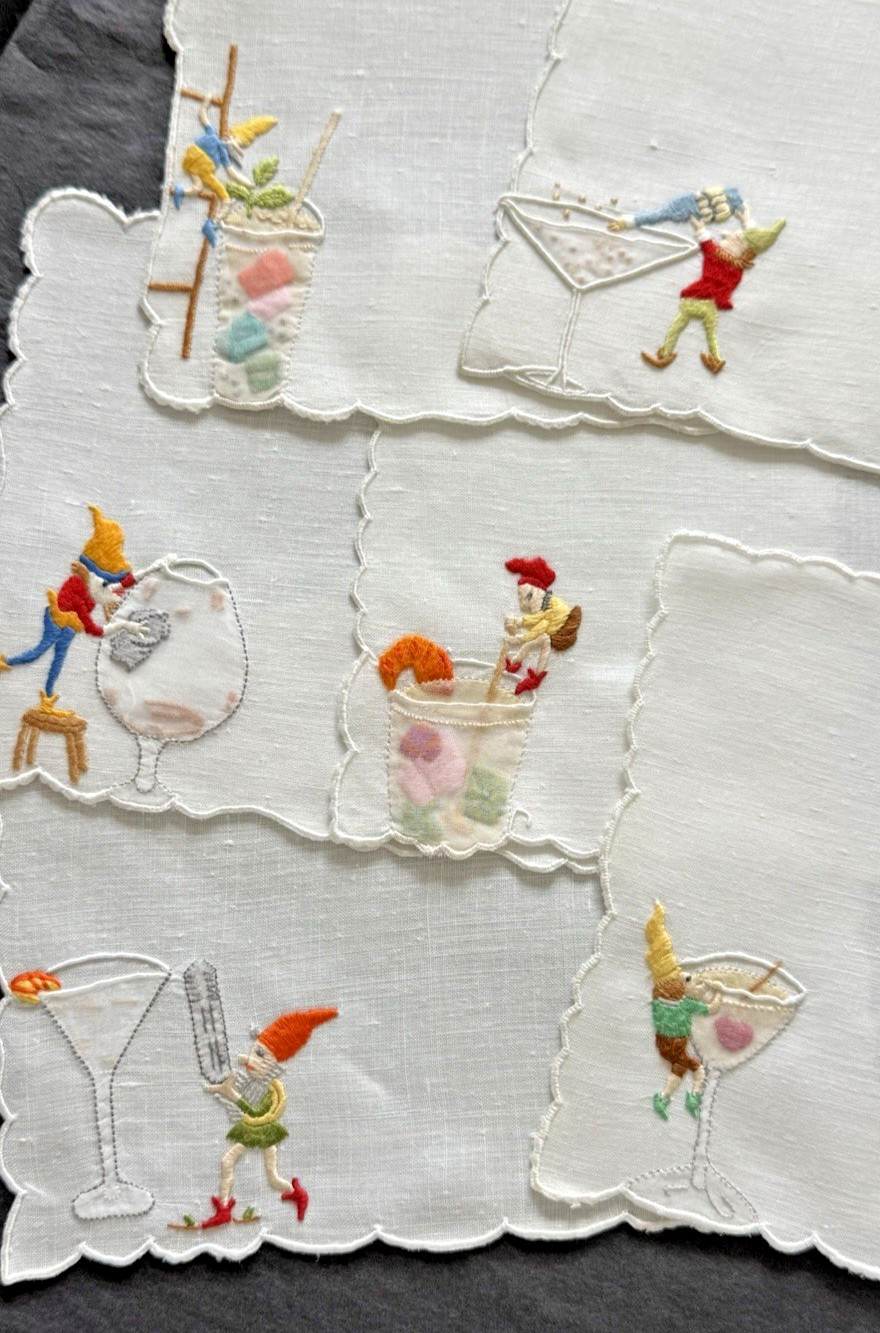 Vintage Cocktail Napkins Madeira Embroidered ELVES & COCKTAILS  Linen 6