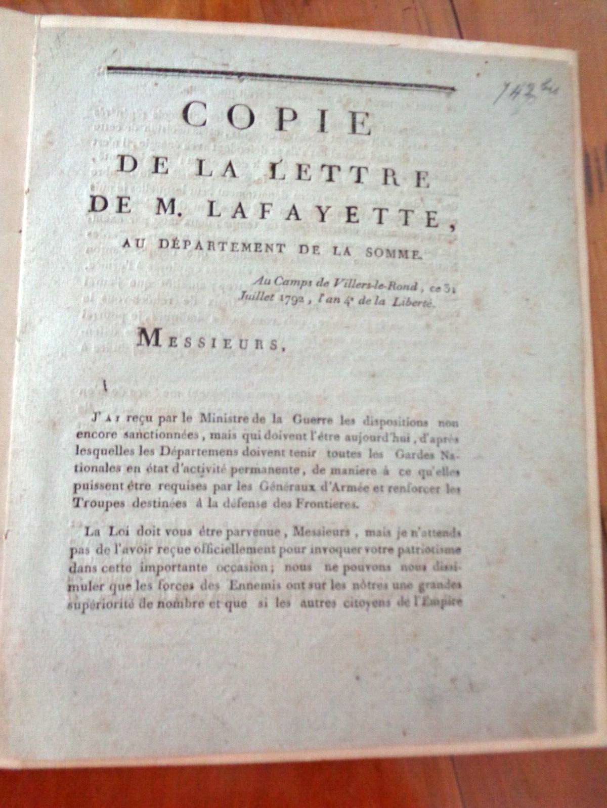 COPY OF THE LETTER FROM M.LAFAYETTE.AU CAMP DE VILLERS-LE-ROND.3 JULY 1792.AN 4