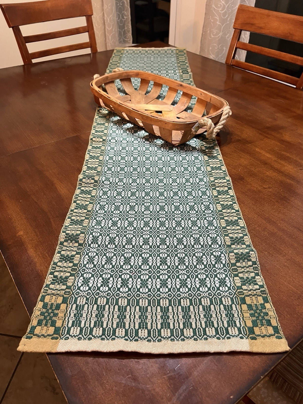 Vintage Handwoven Overshot Table Runner Whig Rose Pattern Farmhouse, Primitive