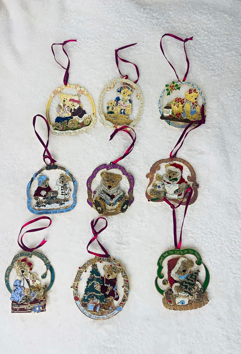Danbury Mint Teddy Bear Christmas Hanging Ornaments Lot of 9 Metal,