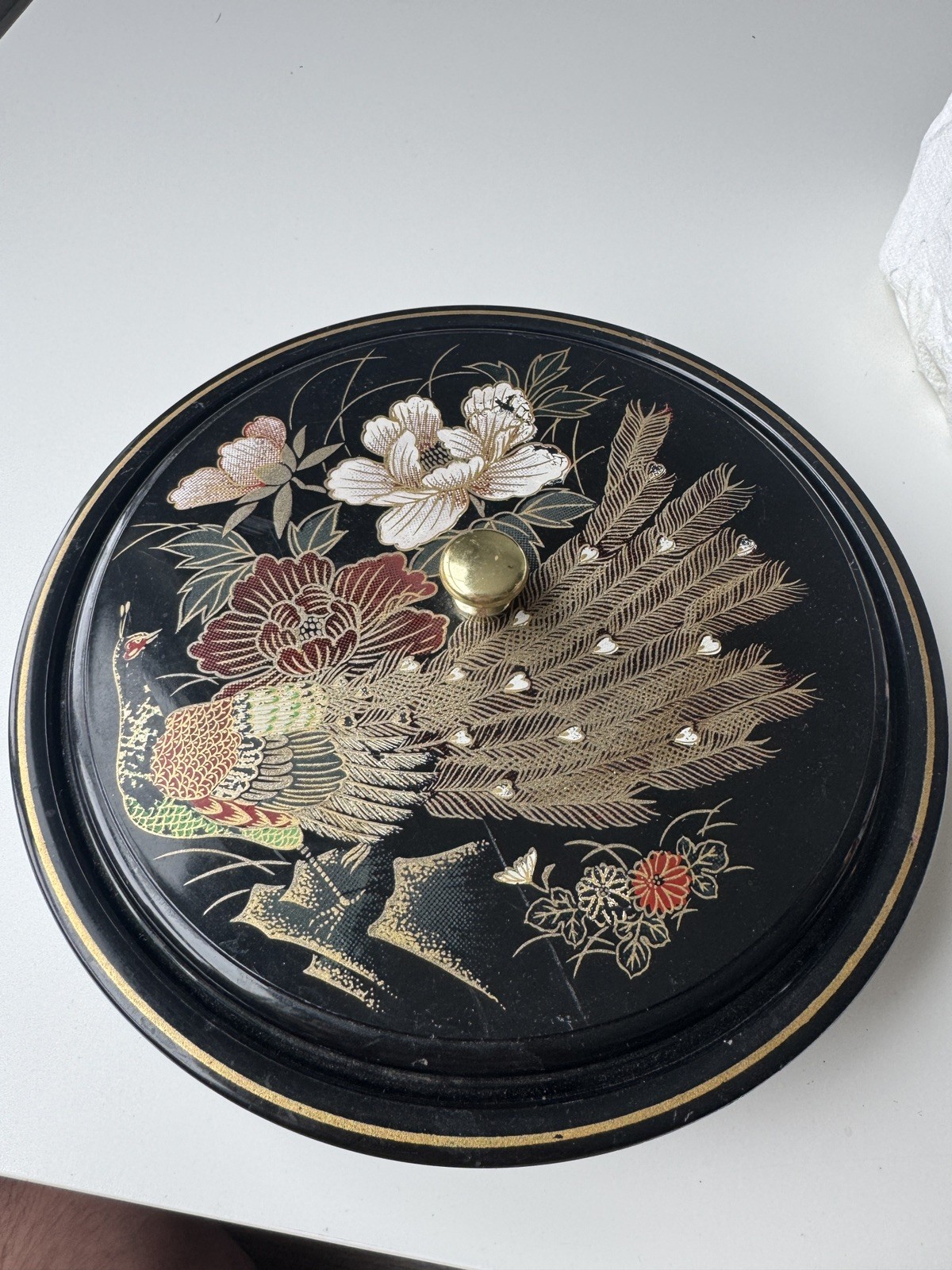 Vintage Japanese Black Lacquerware Round Candy Box Trinket Dish Peacock Floral