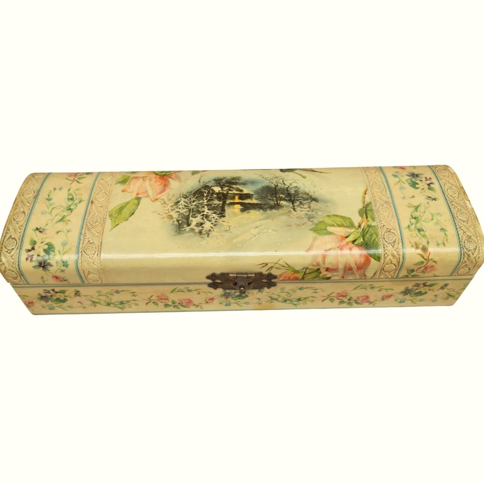 Antique Victorian Celluloid Glove Box  Floral & Winter Lithograph Ornate Lock 