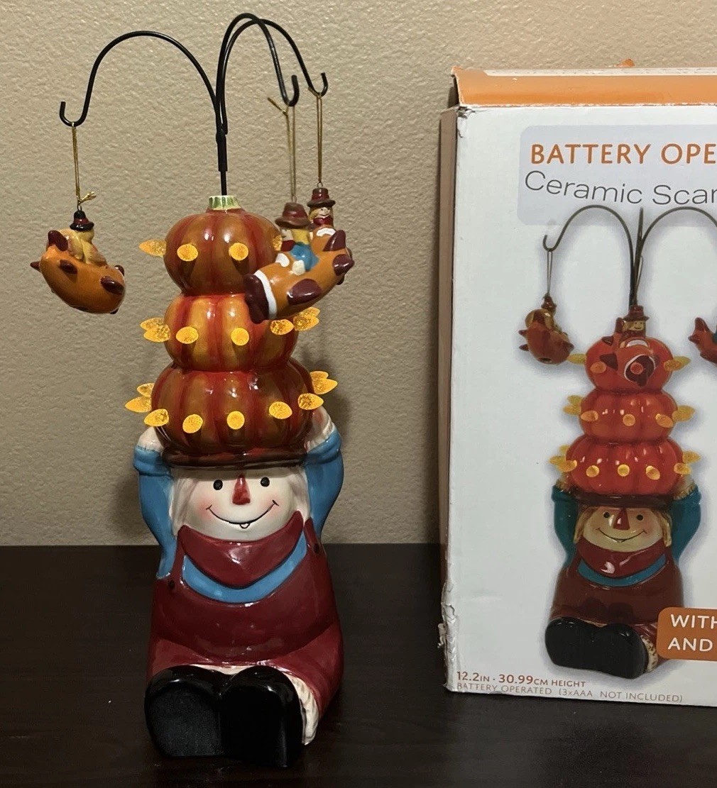 Vintage Gerson International Lighted Ceramic Scarecrow Spinning Carousel