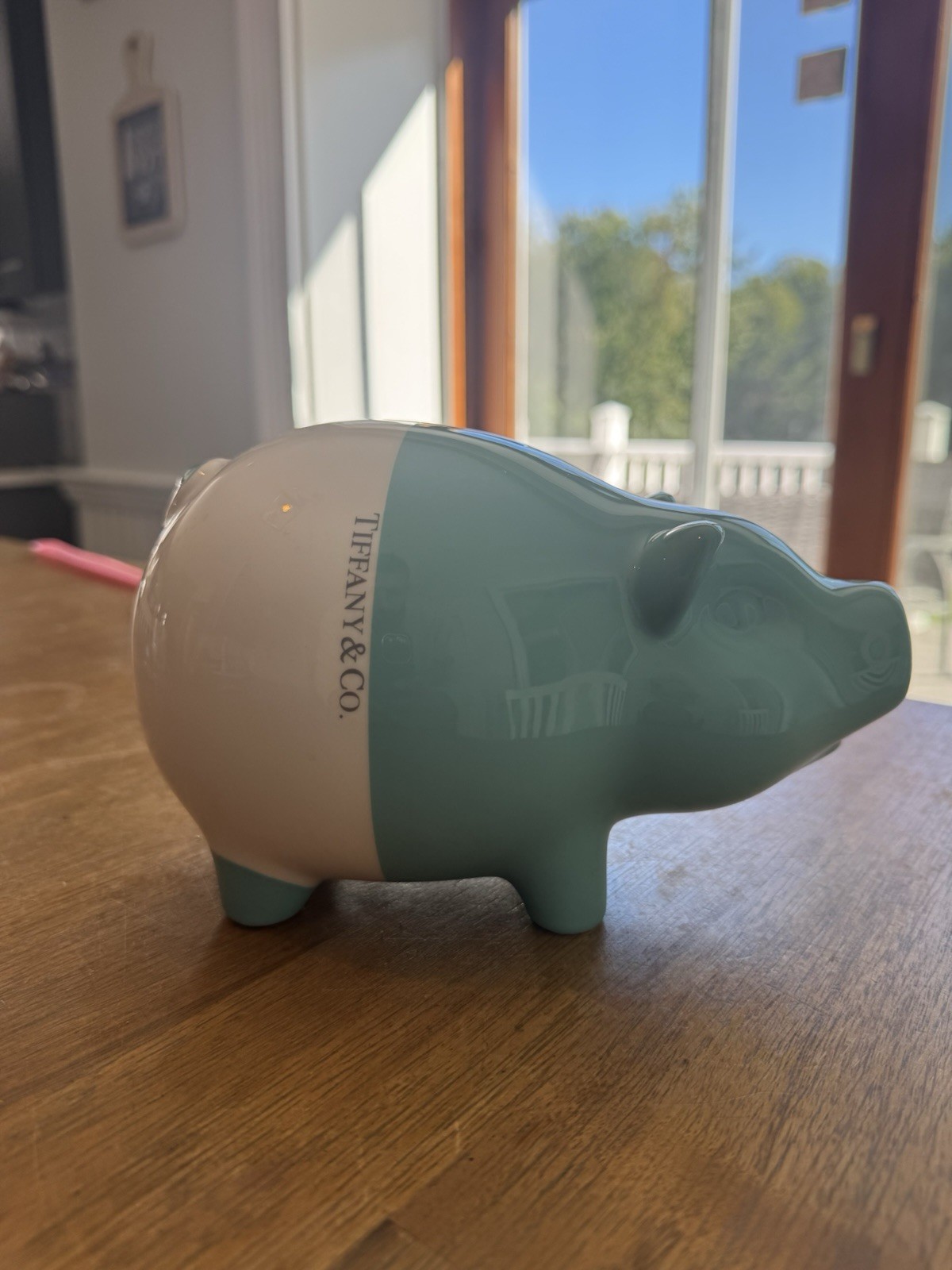 Tiffany & Co Piggy Bank Porcelain Pig Coin Bank Blue Whie 