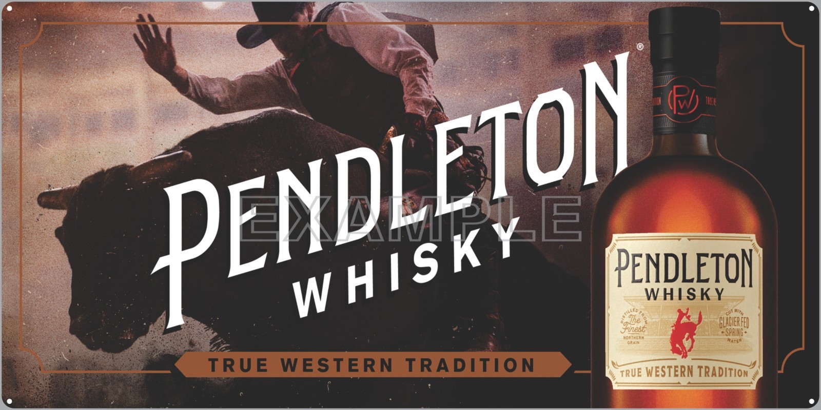 PENDLETON WHISKY BOTTLE DESIGN RODEO COWBOY ARENA SIGN ALUMINUM SIZE OPTIONS