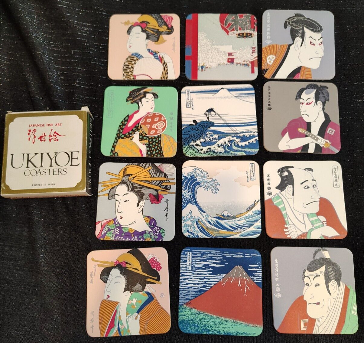 VTG, UKIYOE, Coasters, Japanese Fine Art, Set of 12, Utamaro, Sharaku Hiroshige