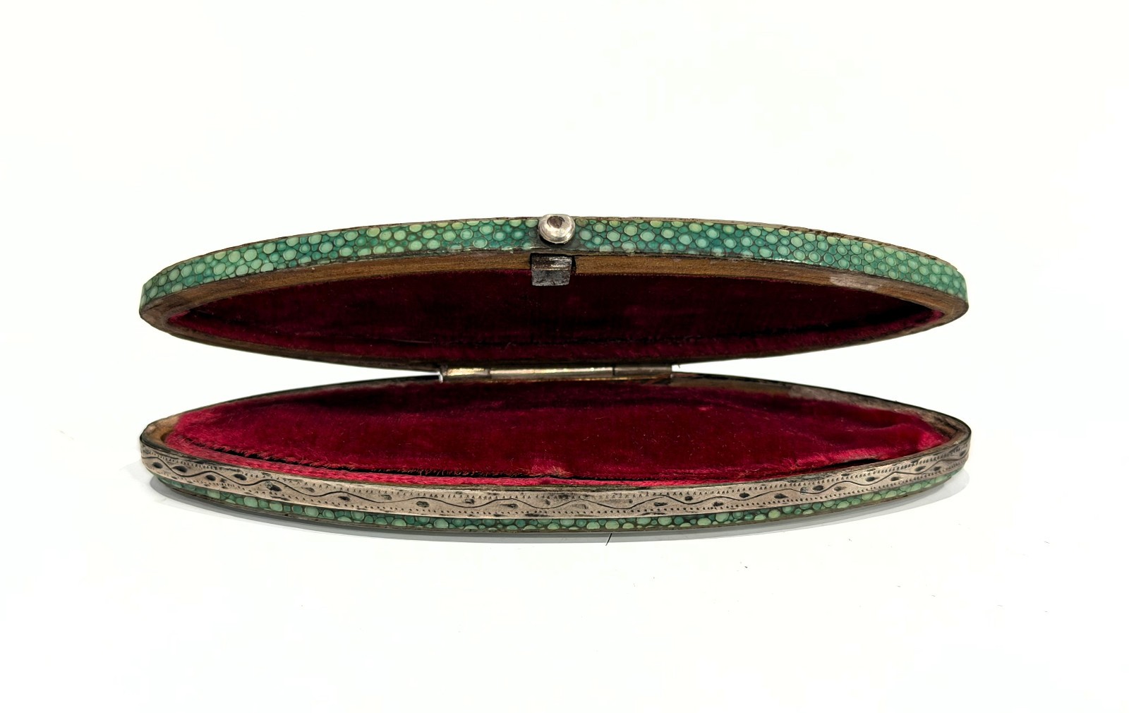 Antique 18th C. French Shagreen Silver and Mother of Pearl Navette Shaped Box