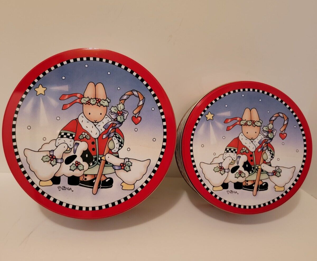 2 Vtg. Daisy Kingdom Cookie Food Tins Christmas Bunny Noel 1990\'s 2 Sizes Round