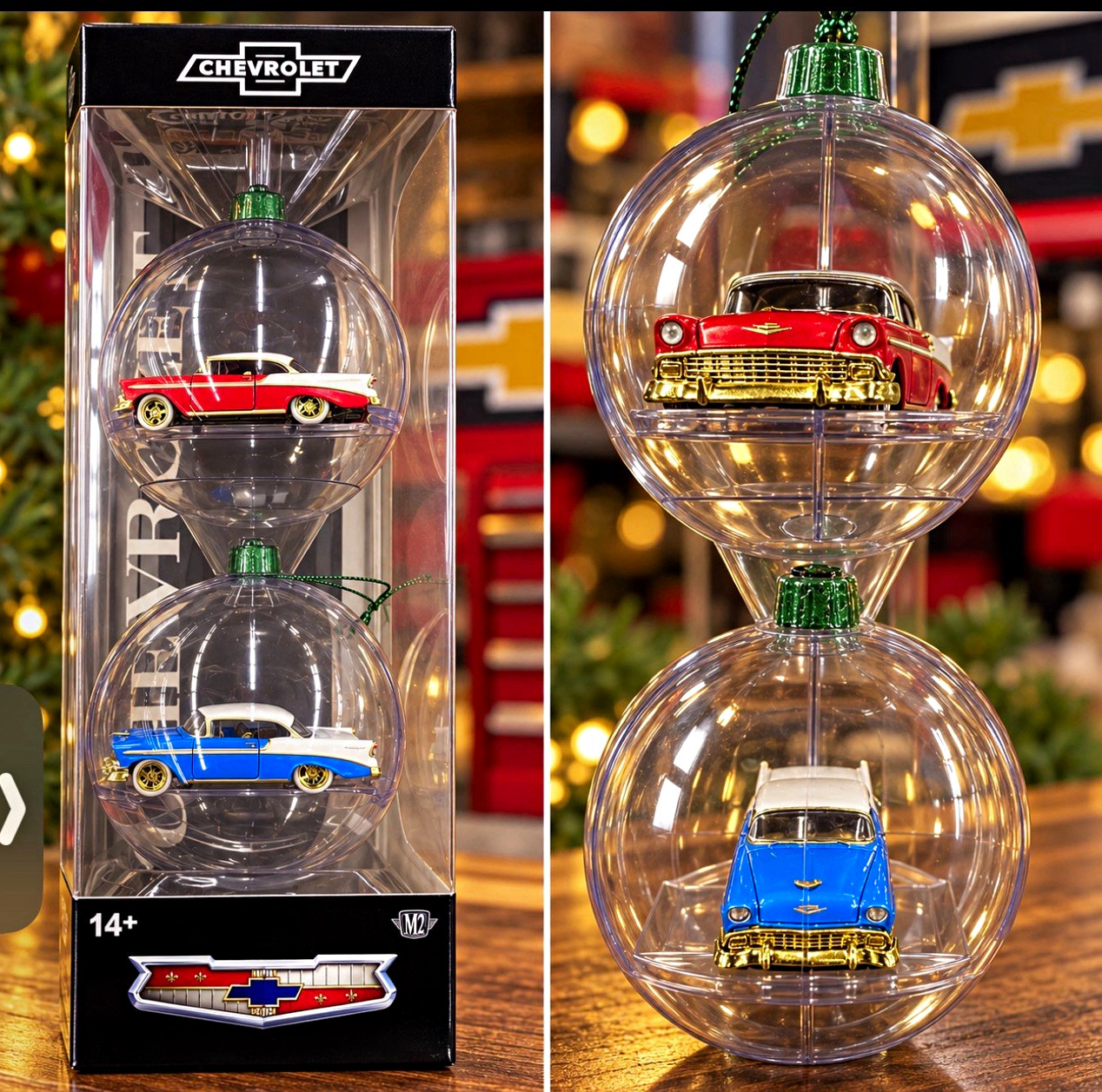 New M2 Chevrolet Bel Air Chase Christmas M2 Set of 2 Ornaments ((SEALED))