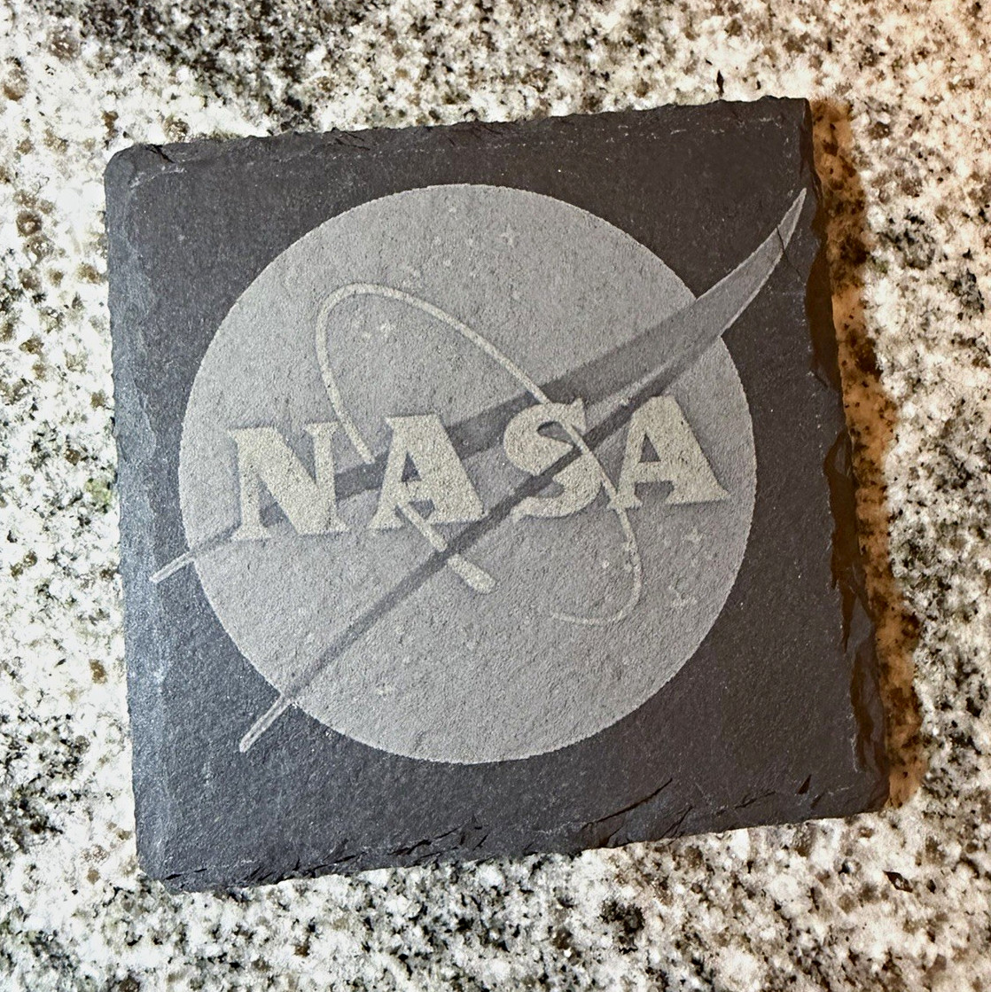 NASA Logo Stone Coaster Set, 4-Pack Square Coasters w/ Holder, Black/Gray