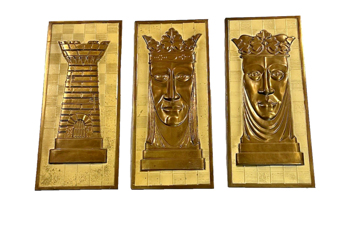 Vintage MCM Brass Chess Wall Plaques King Queen Rook Set of 3 14\