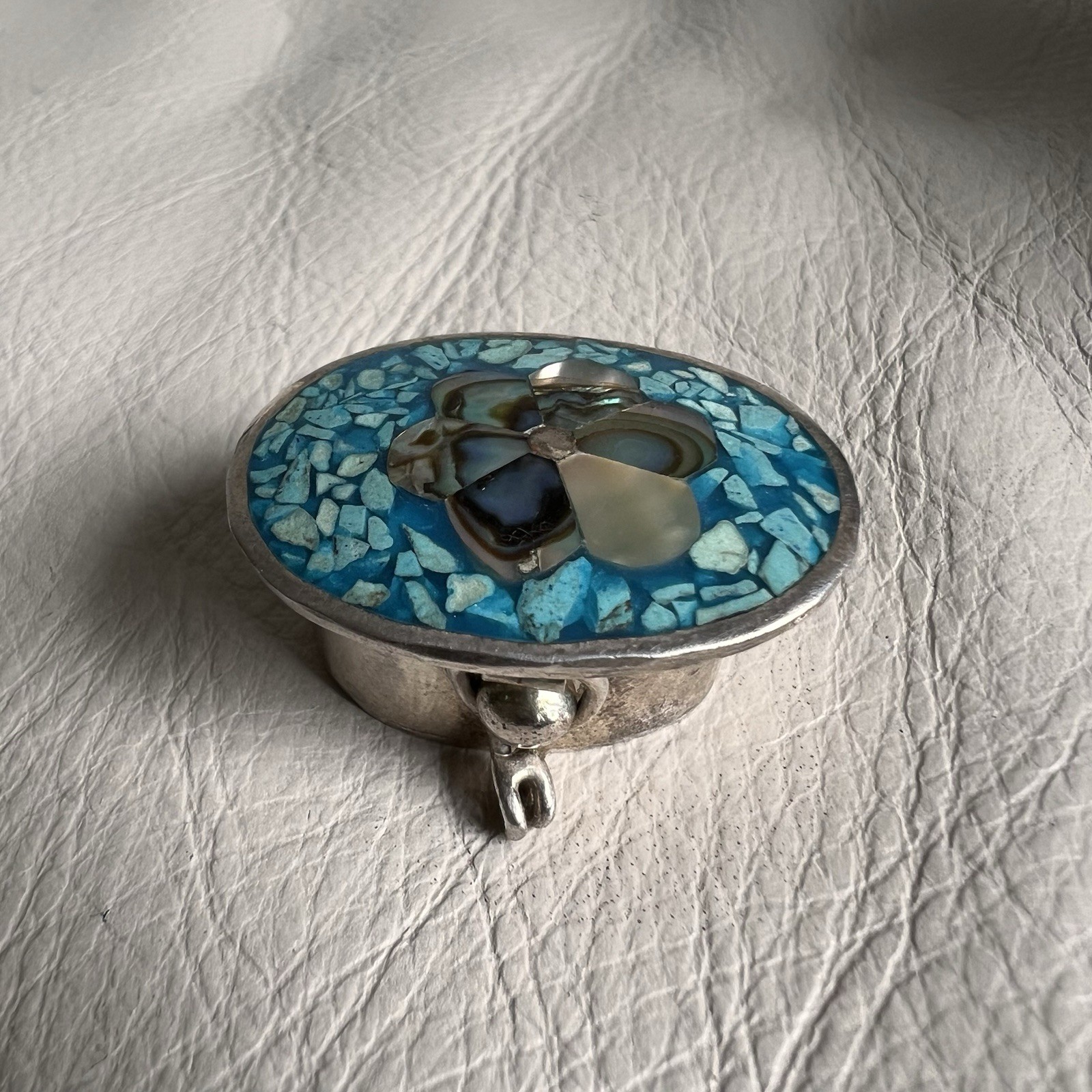Vintage Alpaca Mexico Abalone Shell Inlay Turqoise Mosaic Floral Mini Pill Box