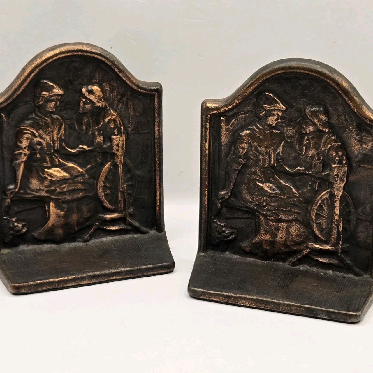 1928 Antique Alden And Priscilla Bookends Cast Iron Patina 5\