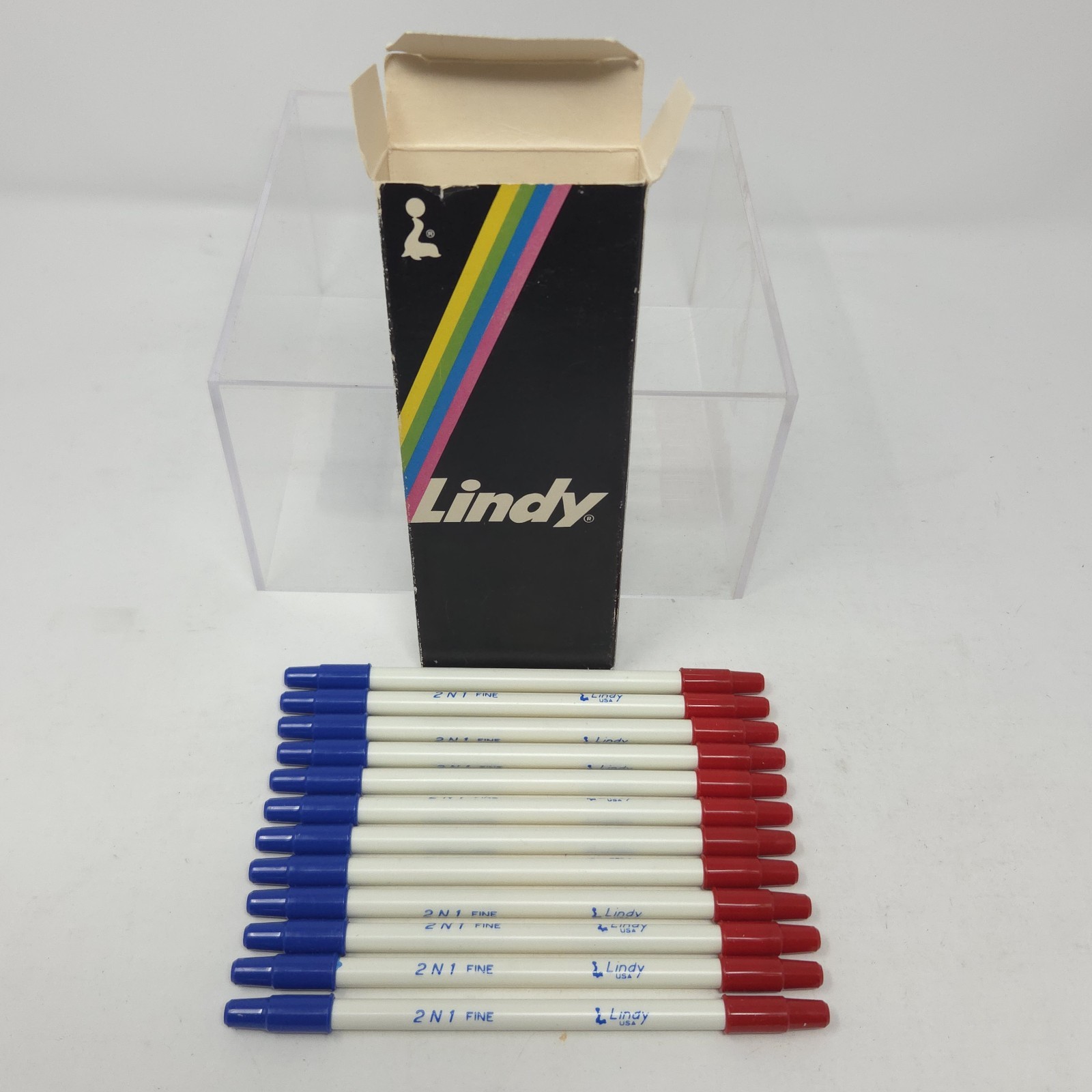 Vtg Prototype Box Of 12 Lindy 2 N 1 Ballpoint Pen Double Ended Red Blue Ink READ
