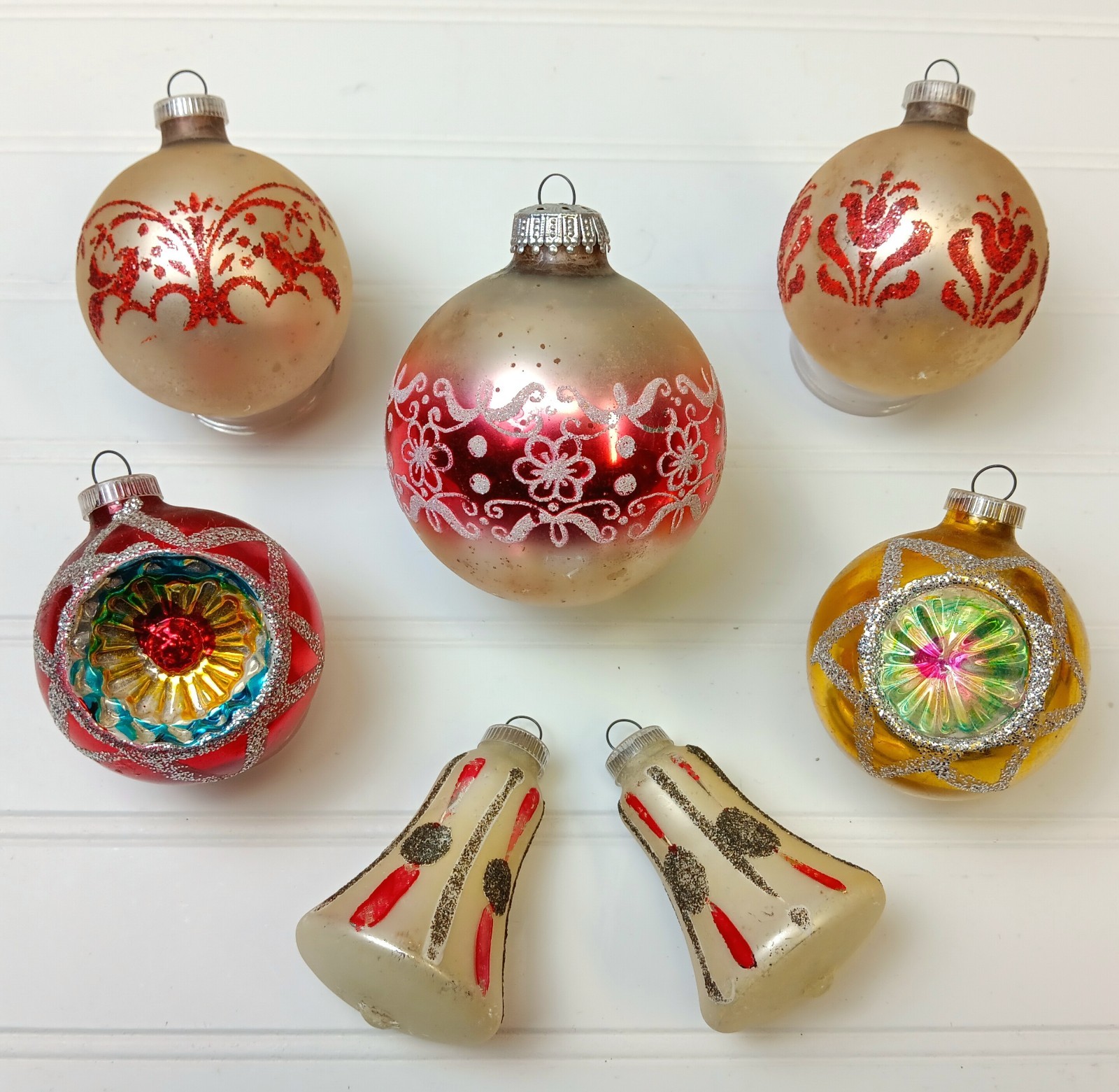 VTG West Germany Lot 7 Blown Glass Ornament Indent Starburst Bell Red Gold White