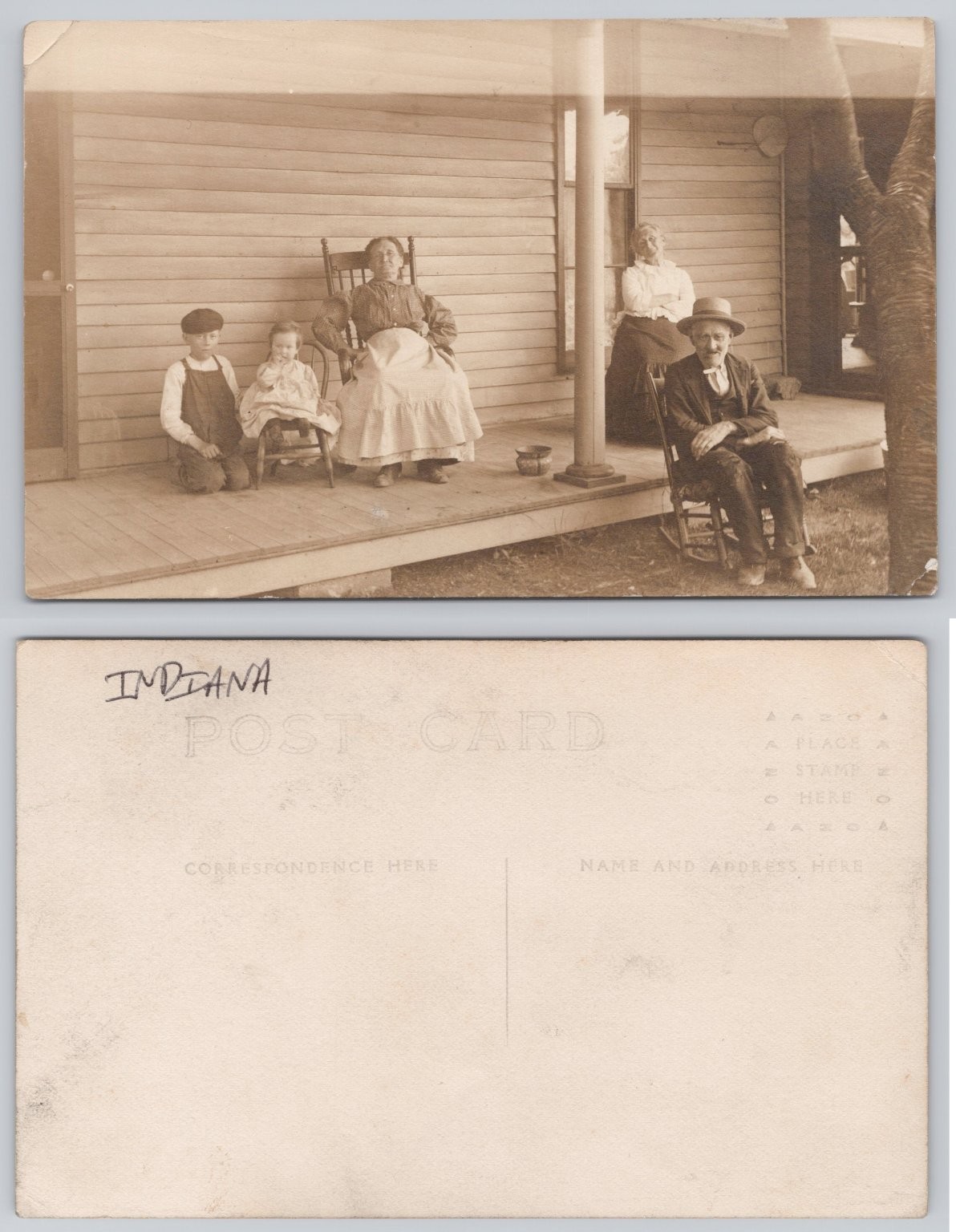 Vintage INDIANA RPPC Family Portrait on Porch Antique Postcard