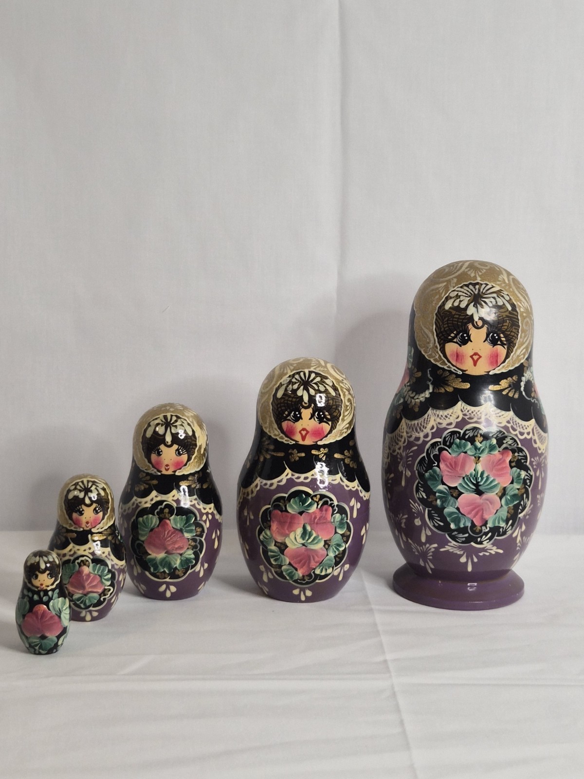 ​Vtg 1994 Russian Nesting Dolls Matryoshka 5pc Sergiyev Posad Signed Purple 7