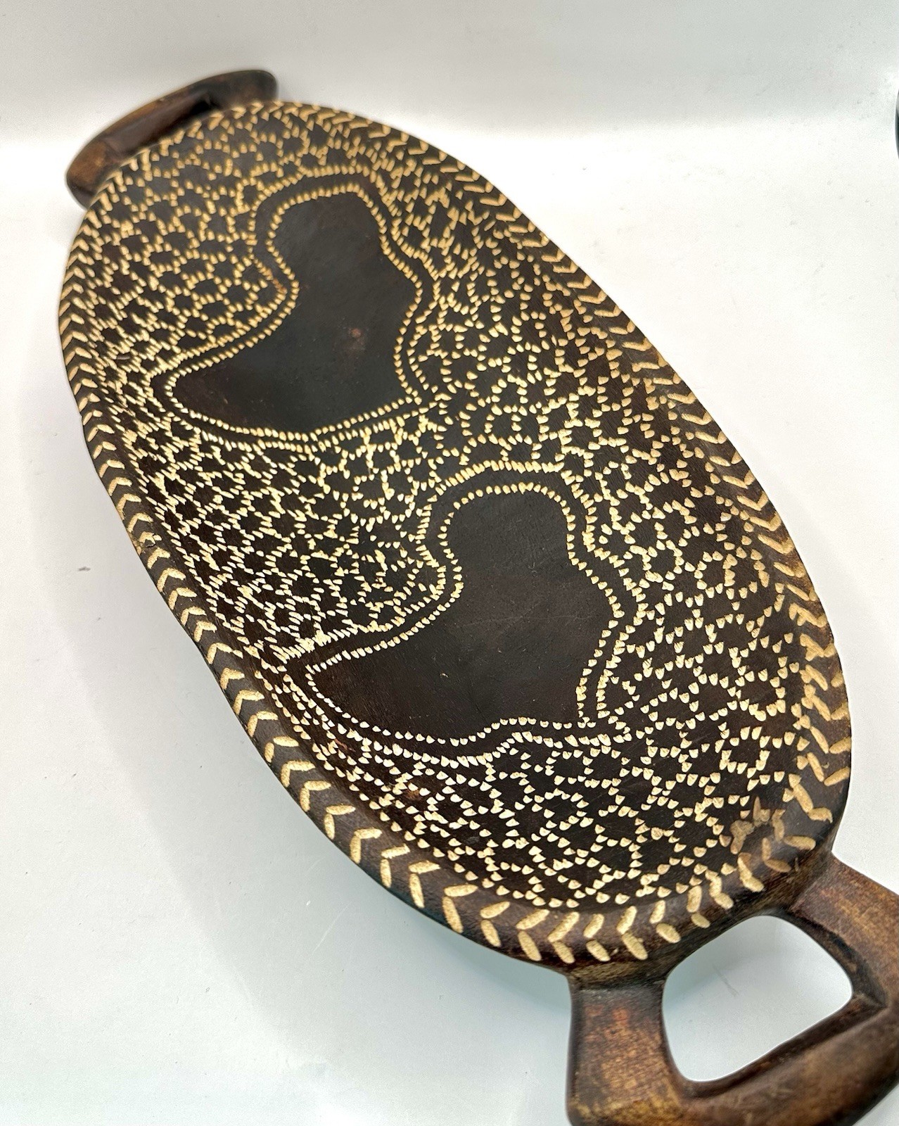 Vintage Artisan HandCarved African Bowl, Solid Piece Hardwood Integrated Handles