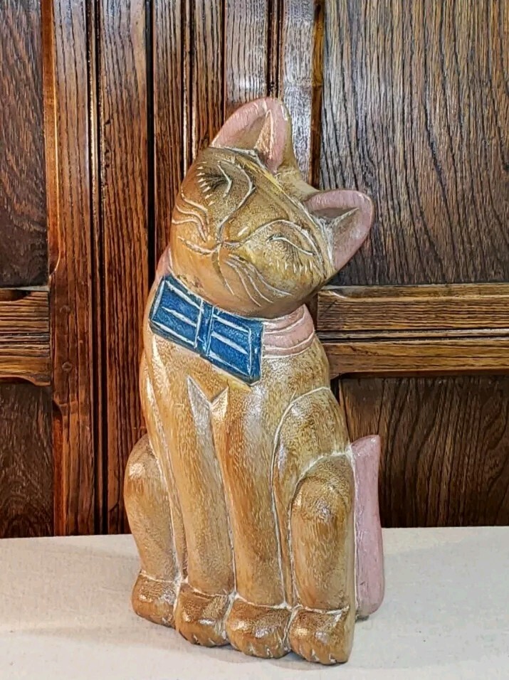 VTG Hand Carved Hand Painted Wood Folk Art Kitty Bow Tie Artist Signed Big Heavy
